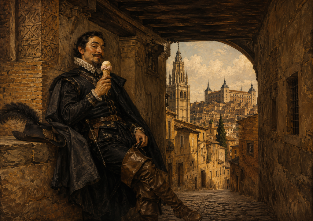 Caballero toma helado en Toledo. Recreación con IA
